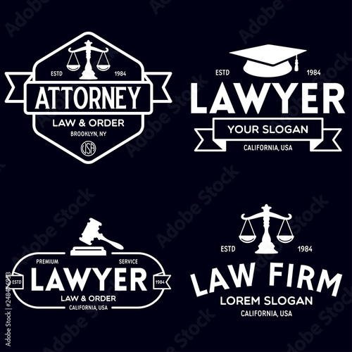 Law office logotypes set with scales of justice, gavel etc illustrations. Vector vintage attorney, advocate labels, juridical firm badges collection. Act, principle.