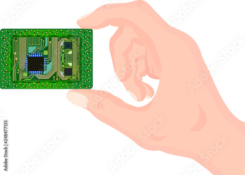 Electronic circuit in the male hand. Computer part