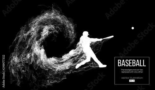 Abstract silhouette of a baseball player batter on dart black background from particles, dust, smoke. Baseball player batter hits the ball . Background can be changed to any other. Vector illustration