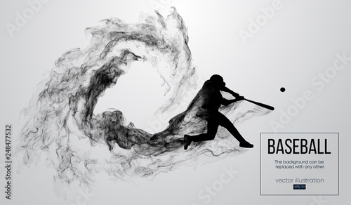 Abstract silhouette of a baseball player batter on white background from particles, dust, smoke. Baseball player batter hits the ball . Background can be changed to any other. Vector illustration