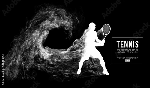 Abstract silhouette of a tennis player man male isolated on dark black background from particles dust, smoke. Tennis player hits the ball. Background can be changed to any other. Vector illustration