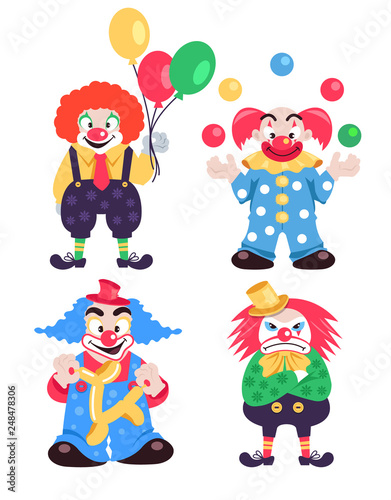 Funny different colorful clowns characters collections. Vector flat cartoon character isolated illustration set