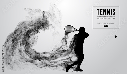 Abstract silhouette of a tennis player man male isolated on white background from particles dust, smoke, steam. Tennis player hits the ball. Background can be changed to any other. Vector illustration