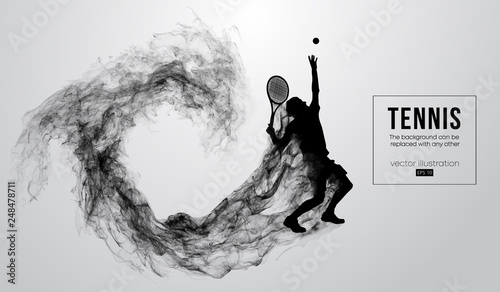 Abstract silhouette of a tennis player man male isolated on white background from particles dust, smoke, steam. Tennis player hits the ball. Background can be changed to any other. Vector illustration