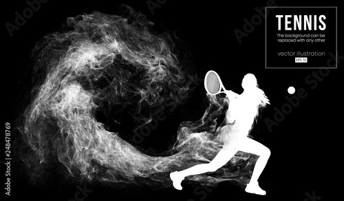 Abstract silhouette of a tennis player woman female girl isolated on dark black background from particles dust. Tennis player hits the ball. Background can be changed to any other. Vector illustration