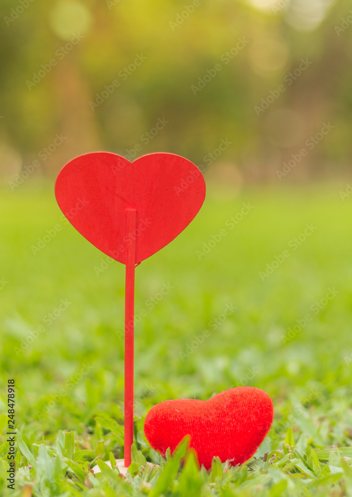 Red heart on the grass Place for text copy space Red heart on the grass Place for text copy space