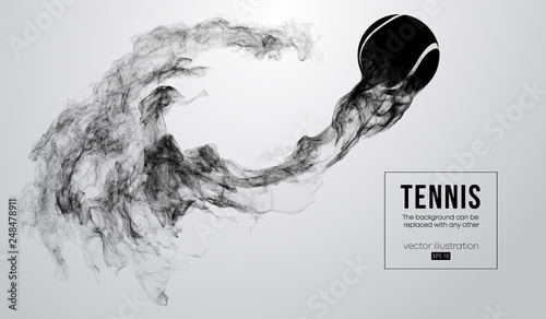 Abstract silhouette of a tennis ball isolated on white background from particles dust, smoke, steam. Tennis ball is flys. Background can be changed to any other. Vector illustration