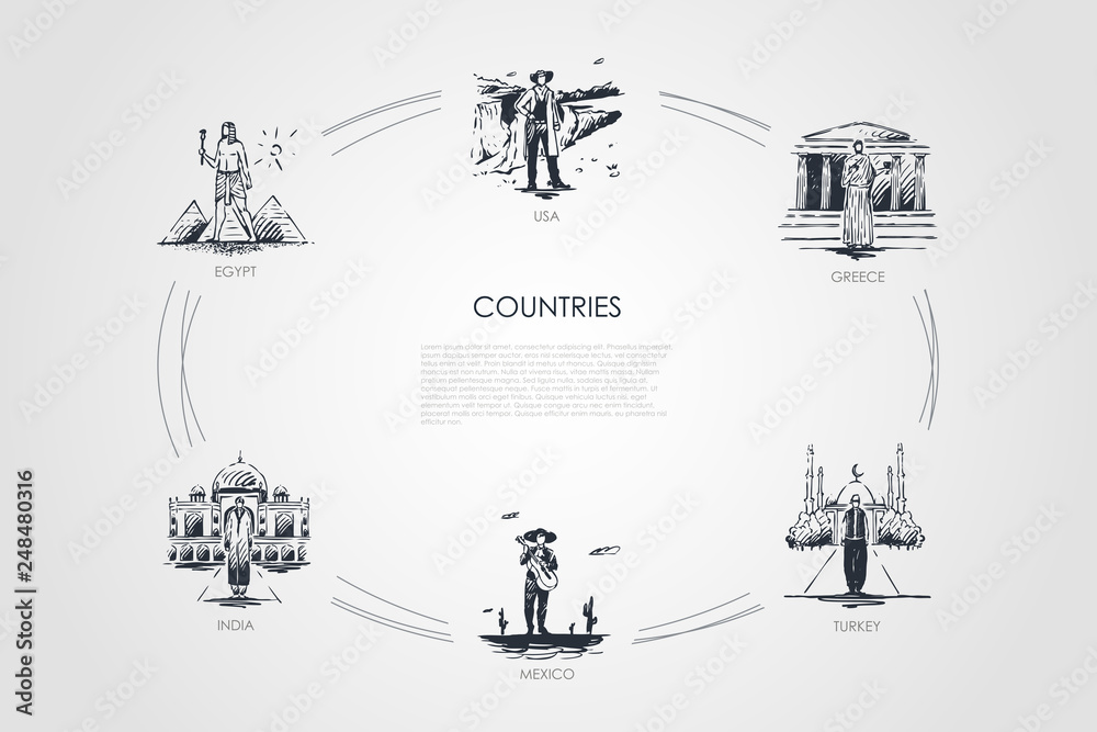 Countries - Egypt, Greece, USA, Turkey, Mexico, India vector concept set