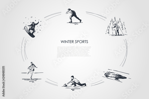 Winter sports - snowboard, skating, skiing, figure skating, bobsleigh, curling vector concept set
