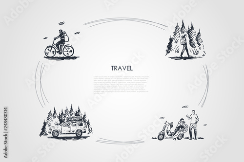 Travel - riding bicycle, hiking in forest, going by bike and car on nature vector concept set