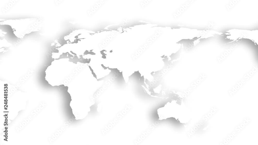 loopable 3d animation of a white world map on white background scrolling from left to right only defined by its  shadow