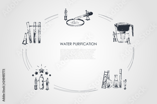 Water purification - devices for purification water pipette, flask, bottle, filter vector concept set