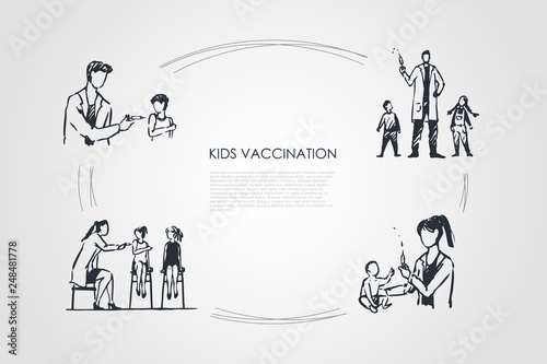 Kids vaccination - doctors making veccination injections to children vector concept set