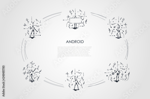 Android - robots with android scripts vector concept set