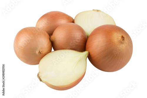 heap of fresh beige onion bulb isolated on white background