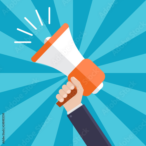 Business hands holding a megaphone flat design vector illustration photo