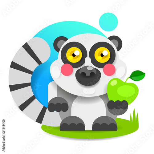 Fototapeta Naklejka Na Ścianę i Meble -  Cheerful Lemur With Pink Cheeks Sits On The Grass And Smiles. Vector