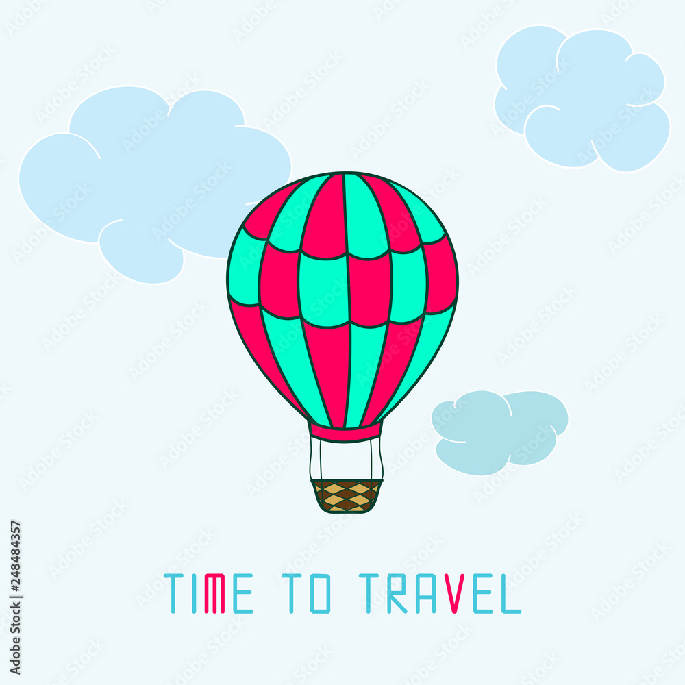 Fototapeta premium Minimalistic poster with hot air balloon in the sky with clouds.