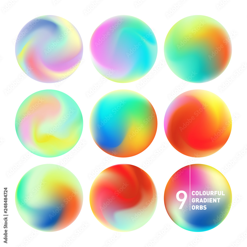 Colourful gradient orbs for all kinds of branding projects, or just to create the artwork. Set of nine abstract a unique colourful orb for brand designs, app interfaces, or even phone backgrounds. 