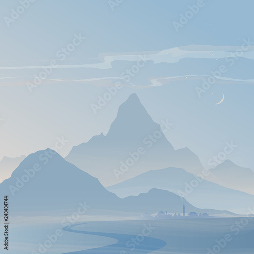 Fototapeta Naklejka Na Ścianę i Meble -  Morning winter landscape with Mountain Peaks. Vector illustration of mountain ridges. Smoky Mountains. Road to the mountains. The town at the foot of the mountain.Gentle blue winter colors