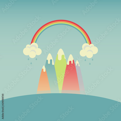 Dreamy children's landscape with Mountain Peaks and rainbow. Vector illustration of mountain ridges. Island with mountains. Phone wallpapers with mountains. The highest mountains with snow-cap.