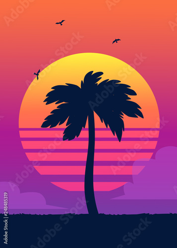 Silhouette of tropical palm tree on the background of a gradient sunset.