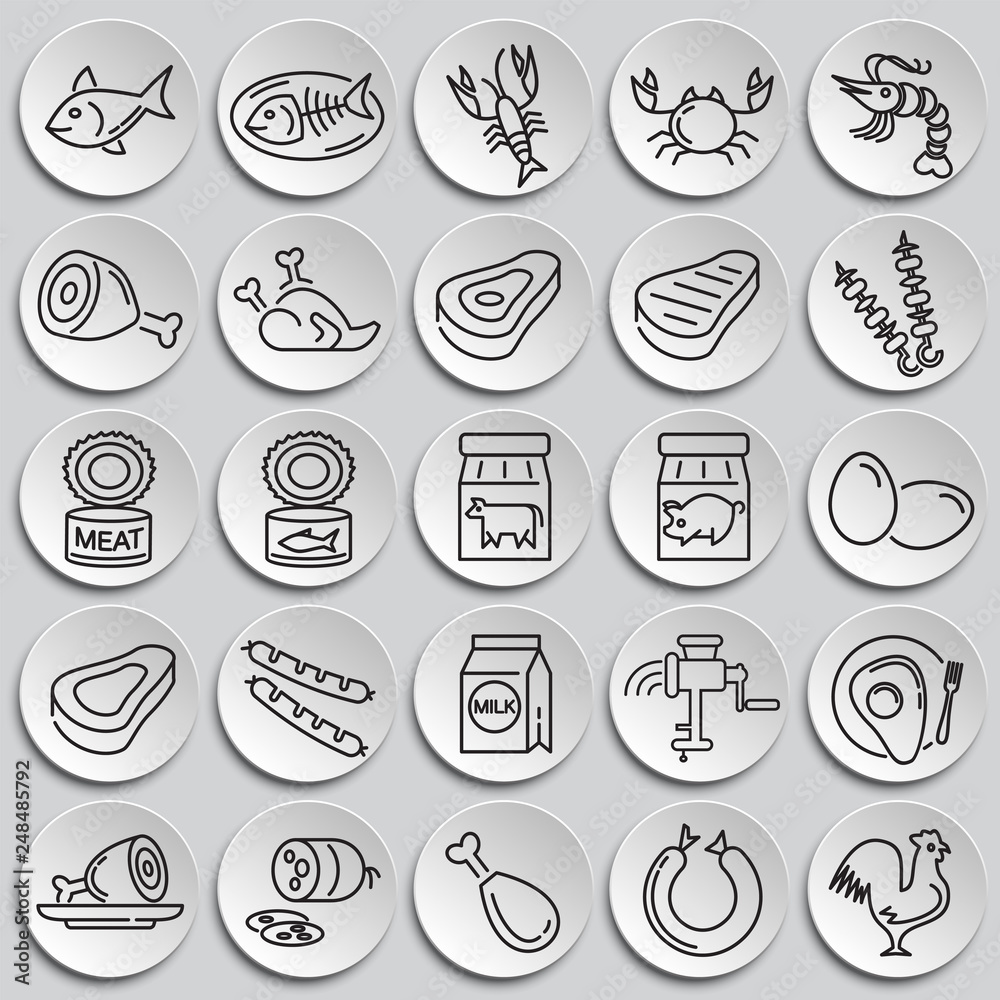 Meat and seafood icons set on plates background for graphic and web design, Modern simple vector sign. Internet concept. Trendy symbol for website design web button or mobile app Meat and seafood icons set on plates background for graphic and web design, Modern simple vector sign. Internet concept. Trendy symbol for website design web button or mobile app