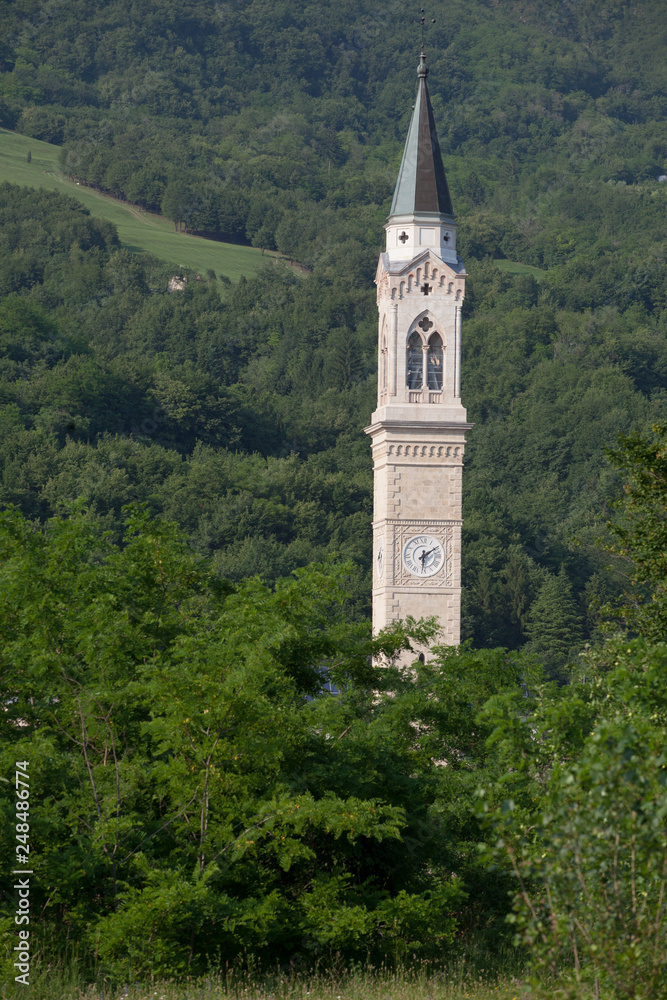 The bell tower of Velo d'Astico. Velo d'Astico is a town in the province of Vicenza, Veneto