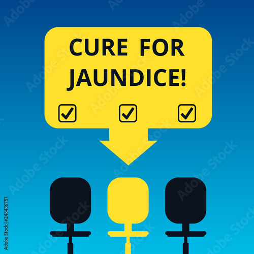 Handwriting text writing Cure For Jaundice. Concept meaning often disappears on its own within two or three weeks Blank Space Color Arrow Pointing to One of the Three Swivel Chairs photo