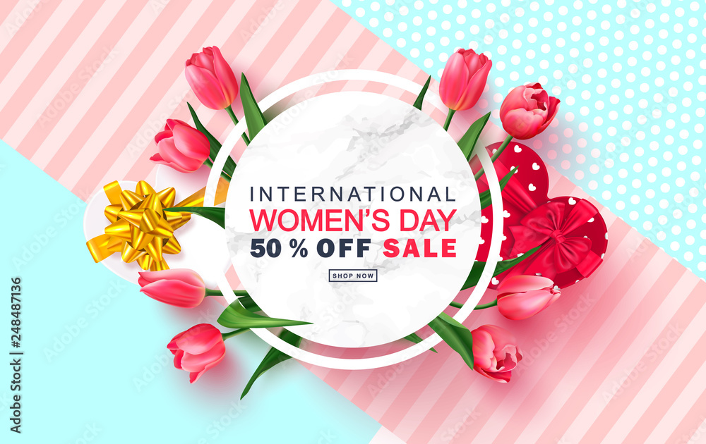Fototapeta premium 8 March Happy Women's Day sale banner. Beautiful Background with tulips and gift boxes. Vector illustration for postcards,posters, coupons, promotional material.