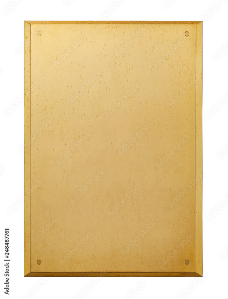 Vertical gilded metal plaque with rivets, isolated on a white background (design element, clipping path)