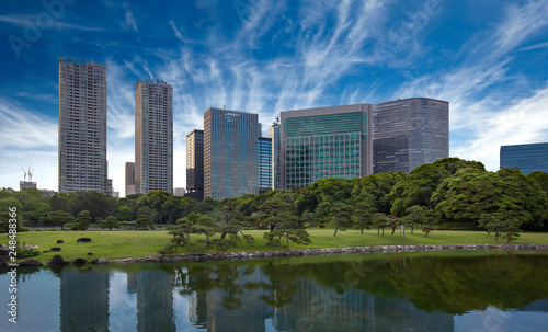 skyscrapers reflecting in pond water  Hamarikyu park  Tokyo