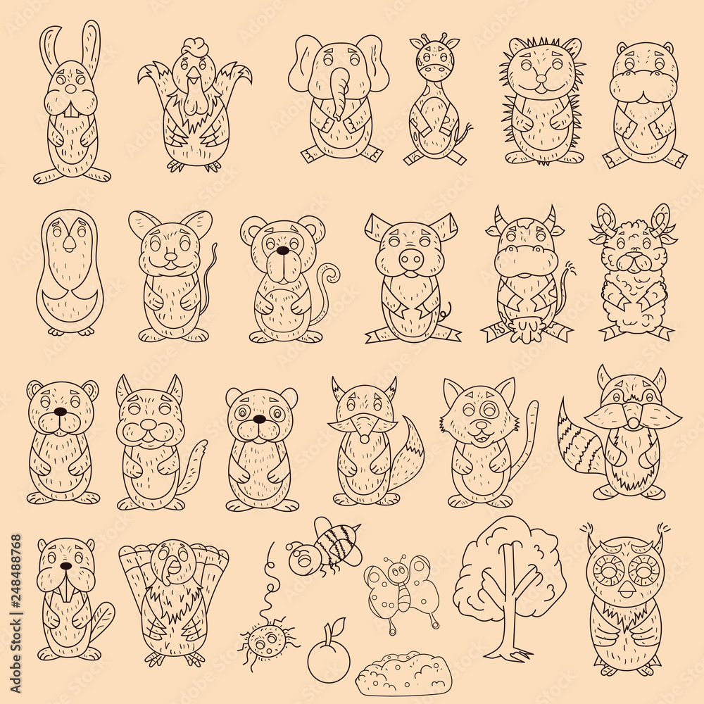large set of wild and domestic animals coloring pages in the style of childrens scribbles for design and design background is isolated large set of wild and domestic animals coloring pages in the style of childrens scribbles for design and design background is isolated