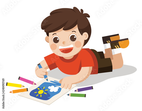 Back to school, Happy Boy draw pictures pencils and paints on floor.Isolated vector.