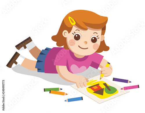 Back to school, Happy Girl draw pictures pencils and paints on floor.Isolated vector.