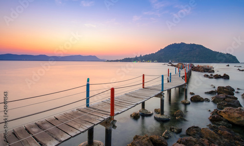 Beautiful amazing nature background. Tropical blue sun sea. Luxury holiday resort. Island about coral reef. Fresh freedom. Adventure day. Snorkeling. Coconut paradise. Wooden bridge. In the twilight.