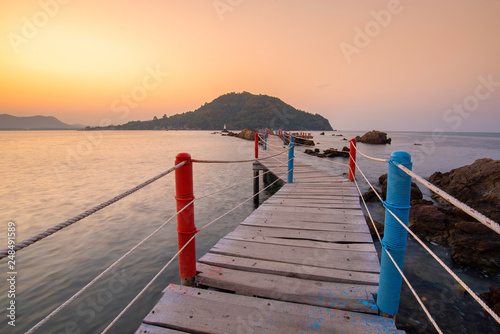 Beautiful amazing nature background. Tropical blue sun sea. Luxury holiday resort. Island about coral reef. Fresh freedom. Adventure day. Snorkeling. Coconut paradise. Wooden bridge. In the twilight.