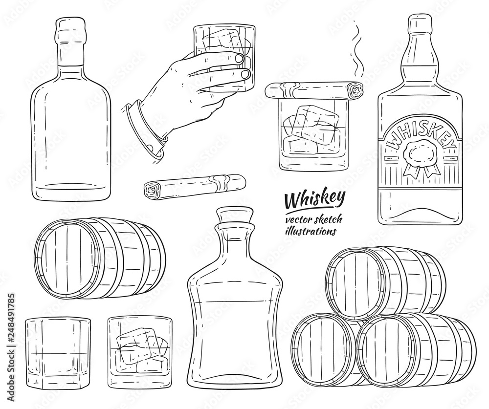 Vector whiskey alcohol symbols sketch icon set - obrazy, fototapety, plakaty 