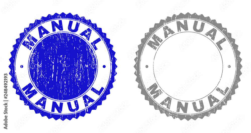 Grunge MANUAL stamp seals isolated on a white background. Rosette seals with distress texture in blue and grey colors. Vector rubber stamp imitation of MANUAL label inside round rosette.