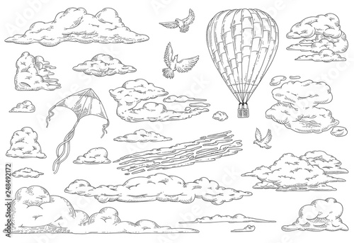 Vector clouds dove pegeon hot air balloon kite set