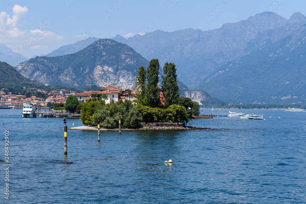 Scenic view towards Isola dei Pescatori on Lake Maggiore, Italy