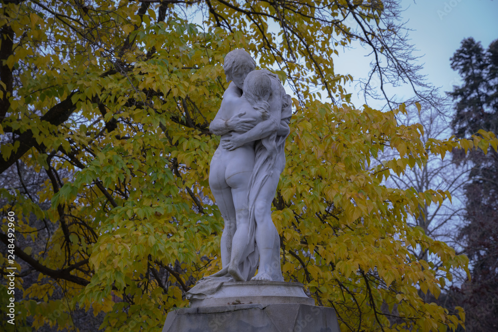 Toulouse, France - 12 15 2018: Garden of plants. Naked couple's statue
