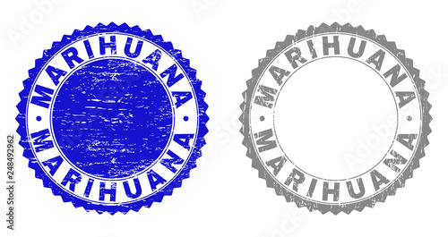 Grunge MARIHUANA stamp seals isolated on a white background. Rosette seals with grunge texture in blue and gray colors. Vector rubber stamp imitation of MARIHUANA tag inside round rosette.
