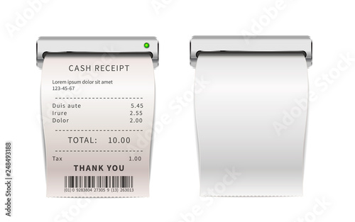 Realistic sales receipts going out from printing machine, white shopping bills . Paper financial checks on white