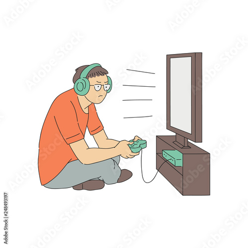 Vector video game addiction concept with young map