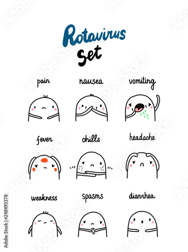 Rotavirus symptoms set hand drawn illustration with cute marshmallow