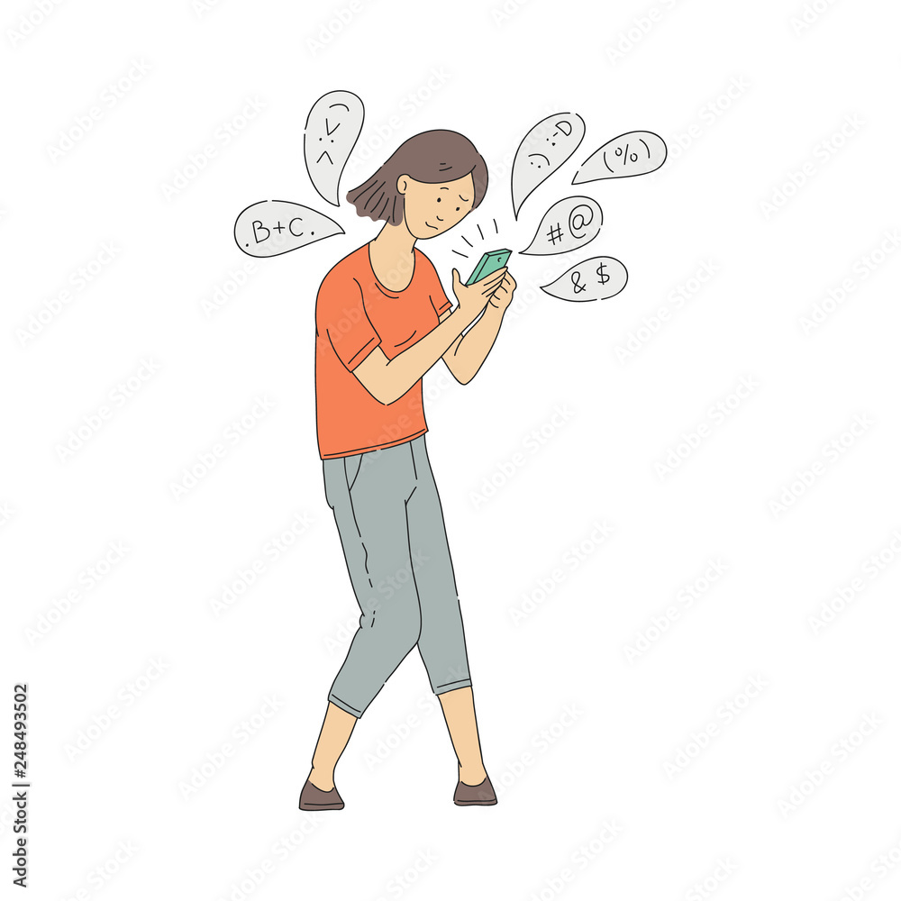 Vector young girl with phone internet addiction