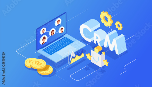 Isometric customer relationship management concept background. Company interaction approach.