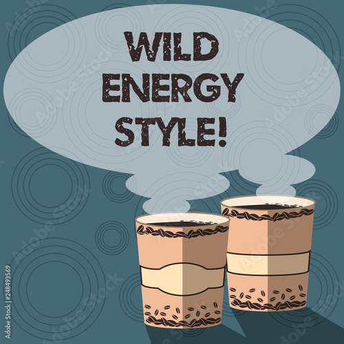 Text sign showing Wild Energy Style. Conceptual photo made near from technologies impose no threat to wildlife Two To Go Cup with Beverage and Steam icon Blank Speech Bubble photo