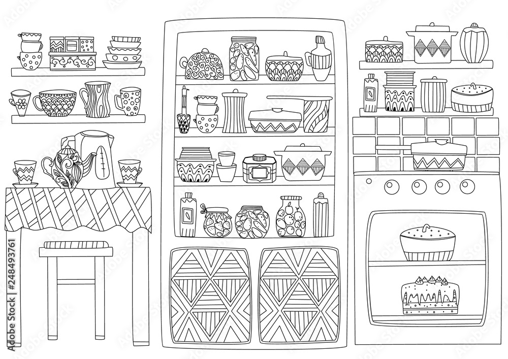 Obraz premium cozy kitchen interior with table, stove, cupboard and shelves of